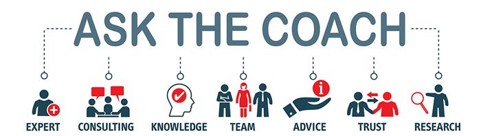 The words 'Ask the Coach' with seven branches coming off it, each represented by a relevant symbol: 'Expert', 'Consulting', 'Knowledge', 'Team', 'Advice', 'Trust', and 'Research'.