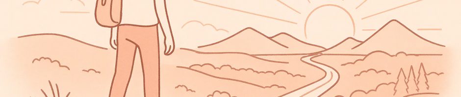 A minimalist illustration shows a person standing on a grassy hill with a backpack, gazing toward a rising sun over distant mountains and a winding path that leads into the horizon; birds fly overhead, and a broken rope lies on the ground near small flowers, symbolizing freedom or a new journey.